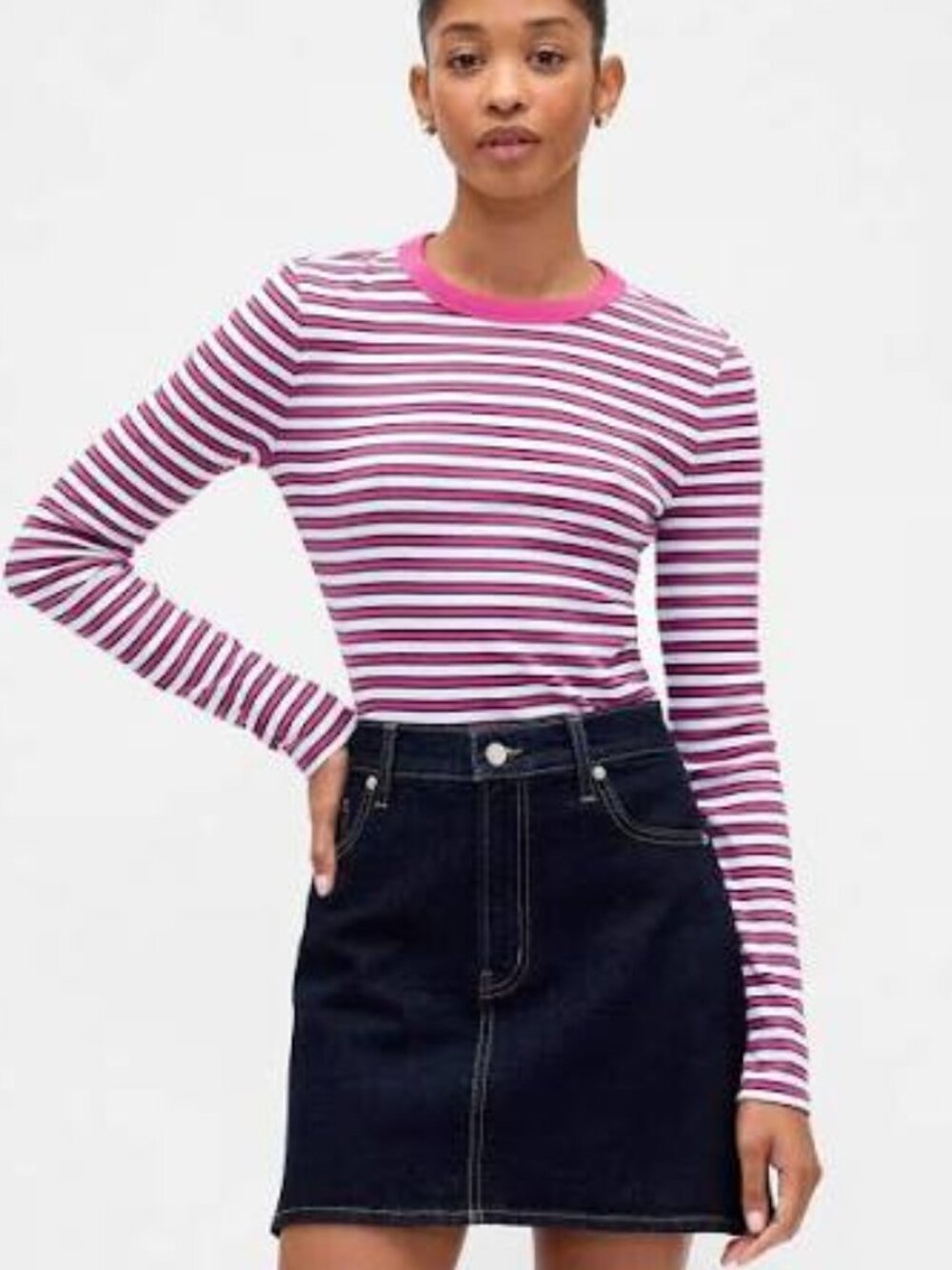 GAP Bright Fuchsia Pink Essential Ribbed Stripe Crewneck T-Shirt/NWT/L